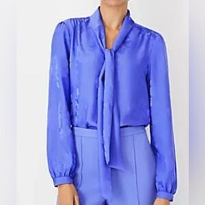 Ann Taylor Brilliant Peri Satin Floral Blue Blouse Size XL